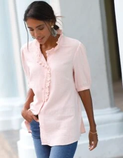 Blouse Boutonnée Unie Détails Broderie, Gaze De Coton