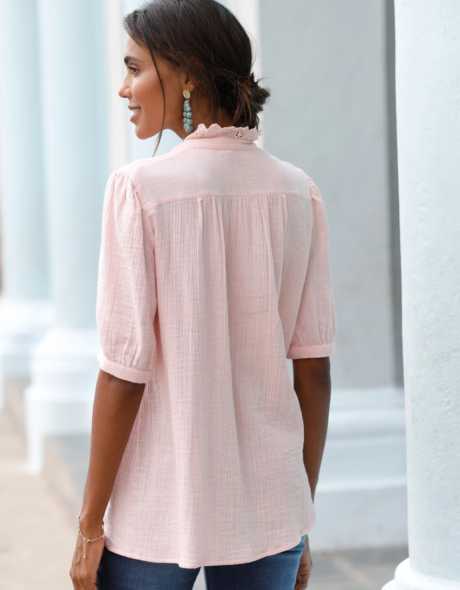 Blouse Boutonnée Unie Détails Broderie, Gaze De Coton 7 Blouse Boutonnée Unie Détails Broderie, Gaze De Coton – Image 5