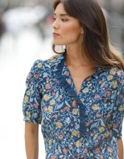 Blouse Boutonnée Imprimée Détails Broderie, Gaze De Coton -Femmes Vêtements Magasin 560962 C00 zoomx vue3