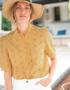 Blouse Boutonnée Unie Broderie Anglaise -Femmes Vêtements Magasin 560963 C01 zoomx vue4