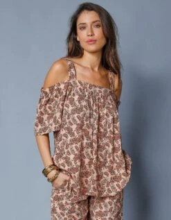 Top Brodé épaules Dénudées Imprimé