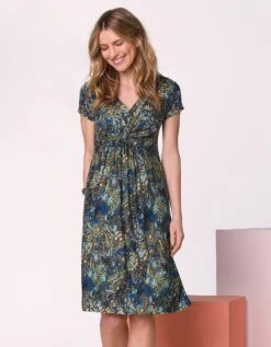 Robe Courte Imprimée Col V Noué, Maille Fluide