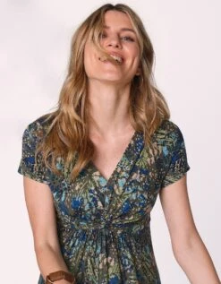 Robe Courte Imprimée Col V Noué, Maille Fluide -Femmes Vêtements Magasin 562223 C00 zoomx vue3