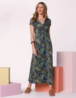 Robe Longue Manches Courtes Imprimée, Maille Fluide