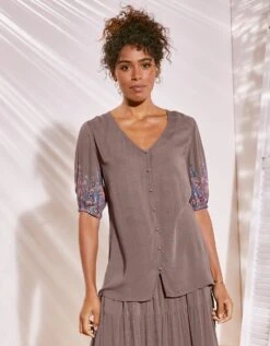 Blouse Boutonnée Manches Imprimé Base, Crépon -Femmes Vêtements Magasin 610624 C00 zoomx vue3