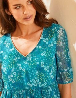 Blouse Col V Biais Doré Imprimé Fleuri, Plumetis 12 Blouse Col V Biais Doré Imprimé Fleuri, Plumetis -Femmes Vêtements Magasin 610701 C02 zoomx vue5