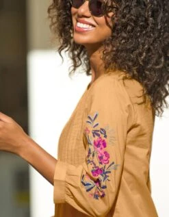 Tunique Boutonnée à Plis Unie Brodée -Femmes Vêtements Magasin 610702 C00 zoomx vue3