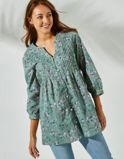 Tunique Boutonnée à Plis Imprimé Fleuri