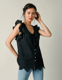 Blouse Col V Boutonnée Unie, Broderie Anglaise