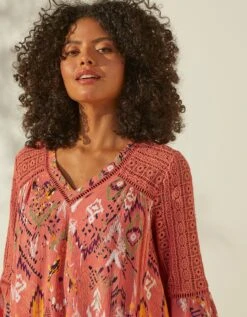 Tunique Imprimée Ample, Détails Macramé -Femmes Vêtements Magasin 610725 C01 zoomx vue4
