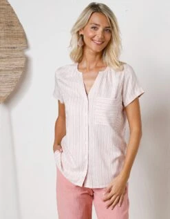 Blouse Boutonnée En Viscose Rayée, Manches Courtes