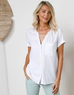 Blouse Boutonnée En Viscose Unie, Manches Courtes