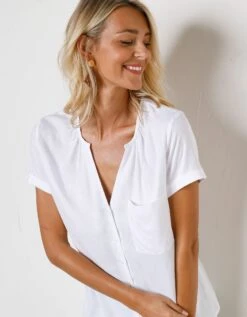 Blouse Boutonnée En Viscose Unie, Manches Courtes -Femmes Vêtements Magasin 610766 C01 zoomx vue3