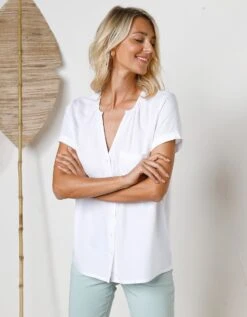 Blouse Boutonnée En Viscose Unie, Manches Courtes -Femmes Vêtements Magasin 610766 C01 zoomx vue6