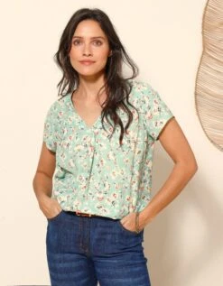 Blouse V Manches Courtes, Crêpe Imprimé Fleuri