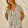 Blouse V Manches Courtes, Crêpe Imprimé Feuilles