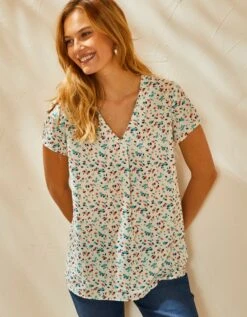 Blouse V Manches Courtes, Crêpe Imprimé Feuilles