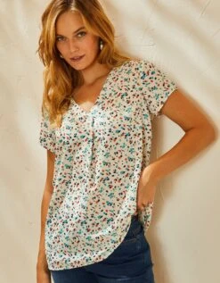 Blouse V Manches Courtes, Crêpe Imprimé Feuilles 9 Blouse V Manches Courtes, Crêpe Imprimé Feuilles -Femmes Vêtements Magasin 610770 C01 zoomx vue3