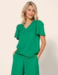 Blouse Unie Col V Manches Courtes -Femmes Vêtements Magasin 610781 C01 zoomx vue5