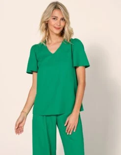 Blouse Unie Col V Manches Courtes -Femmes Vêtements Magasin 610781 C01 zoomx vue6