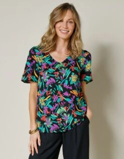 Blouse Imprimée Col V Manches Courtes -Femmes Vêtements Magasin 610782 C01 zoomx vue3