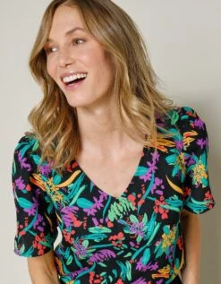 Blouse Imprimée Col V Manches Courtes -Femmes Vêtements Magasin 610782 C01 zoomx vue5