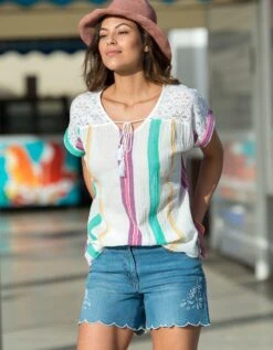 Tunique Macramé Crépon Rayé Coton -Femmes Vêtements Magasin 610788 C01 zoomx vue2