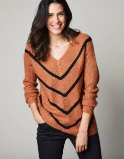 Pull Col V Rayé, Maille Anglaise Toucher Mohair