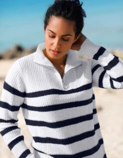 Pull Rayé Col Zippé, Maille Anglaise Toucher Mohair