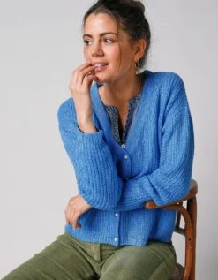 Gilet Col V Boutonné, Maille Anglaise Toucher Mohair