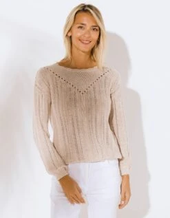 Pull Col Festonné, Maille Ajourée Fantaisie -Femmes Vêtements Magasin 611465 C01 zoomx vue4