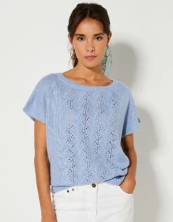 Pull Manches Courtes, Maille Ajourée Toucher Mohair