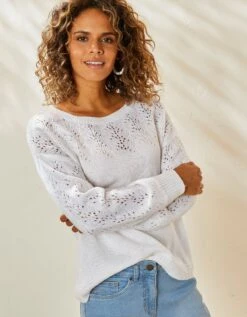 Pull Manches Longues Blousantes, Maille Ajourée Toucher Mohair