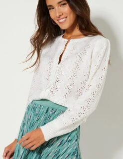Cardigan Boutonné Manches Blousantes, Maille Ajourée Toucher Mohair -Femmes Vêtements Magasin 611473 C00 zoomx vue7