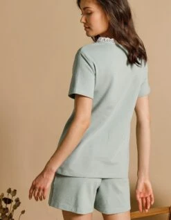 Sweat-shirt Col V Manches Courtes Broderie Anglaise -Femmes Vêtements Magasin 615083 C01 zoomx vue2