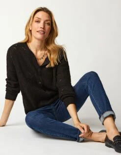 Gilet Boutonné Maille Perlée Ajourée