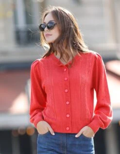 Cardigan Boutonné, Maille Ajourée Toucher Cachemire