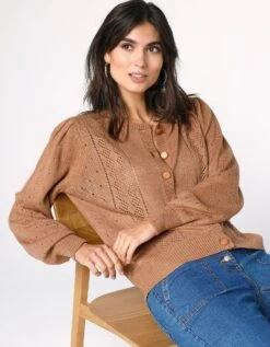 Cardigan Boutonné, Maille Ajourée Toucher Cachemire