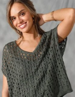 Pull Col V Coupe "loose" Maille Ajourée 11 Pull Col V Coupe "loose" Maille Ajourée -Femmes Vêtements Magasin 617419 C01 zoomx vue4