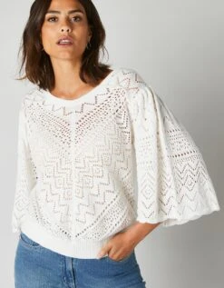 Pull Manches 3/4 Larges, Maille Ajourée