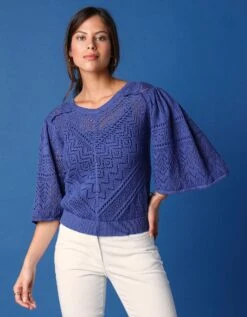 Pull Manches 3/4 Larges, Maille Ajourée -Femmes Vêtements Magasin 617447 C01 zoomx vue5