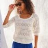 Pull Maille Ajourée Fantaisie, Manches Coude -Femmes Vêtements Magasin 617448 C01 zoomx