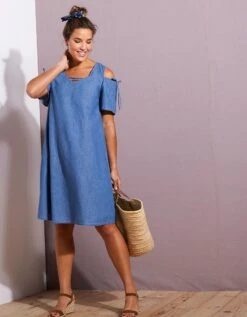 Robe En Denim Léger - épaules Dénudées -Femmes Vêtements Magasin 664033 C01 zoomx vue4