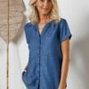Blouse Boutonnée En Jean Uni, Manches Courtes
