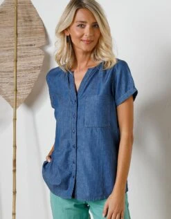 Blouse Boutonnée En Jean Uni, Manches Courtes