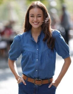 Blouse Boutonnée Manches Ballon, Jean