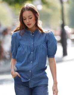 Blouse Boutonnée Manches Ballon, Jean -Femmes Vêtements Magasin 665018 C01 zoomx vue4